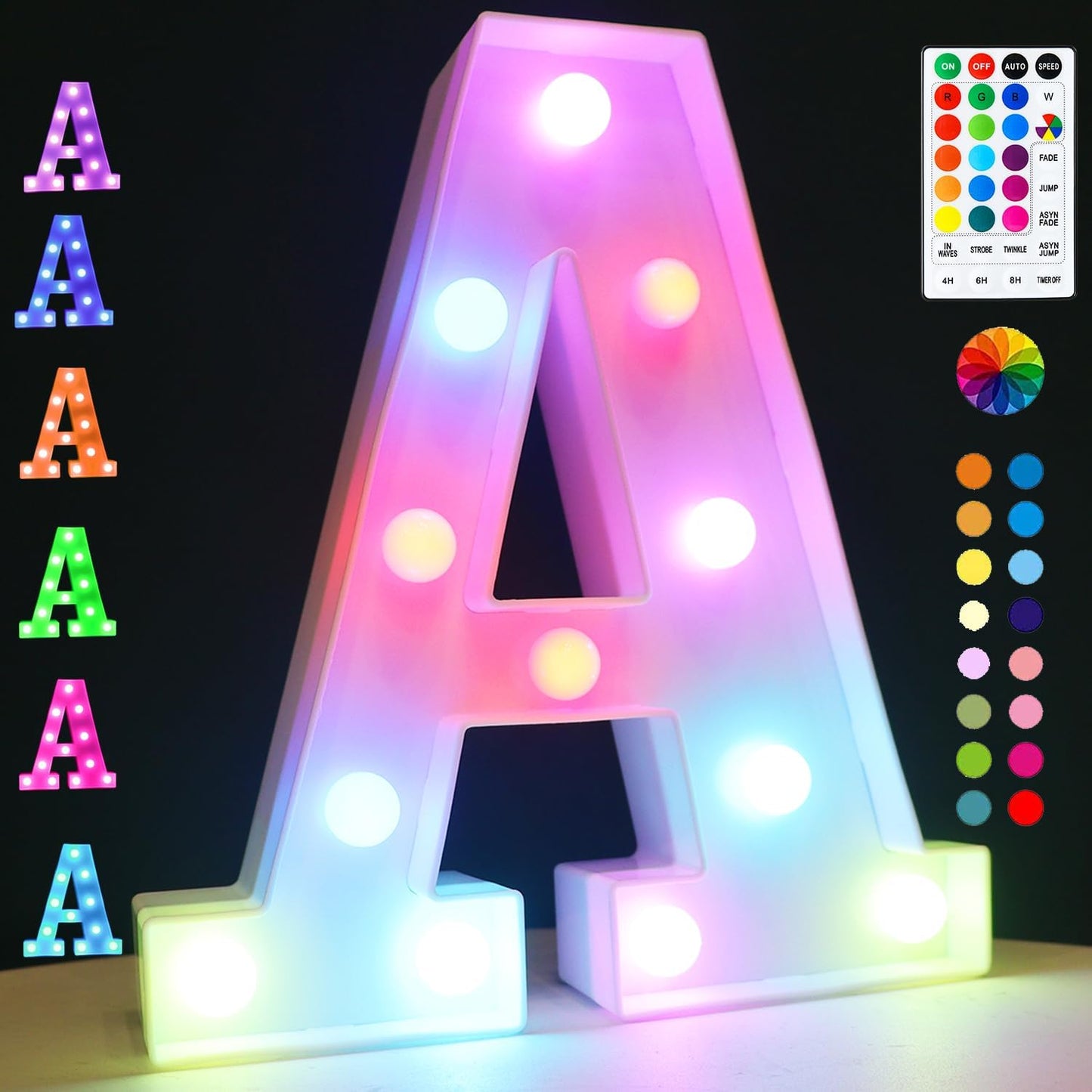 Light Up Colorful LED Marquee Letter lights, 18 Colors Changing Alphabet Letters Sign with Remote Timer for Night Light Girls Bedroom Wedding Birthday Party Lamp Christmas Home Bar Decor- Colorful A