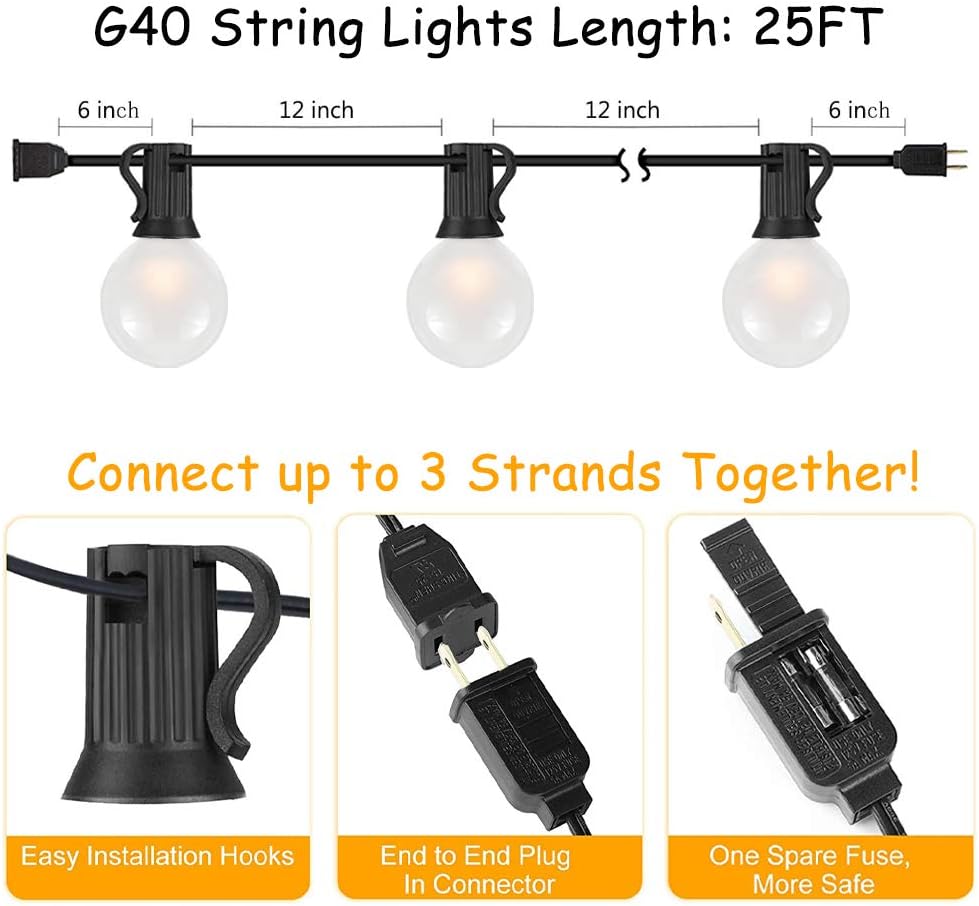 SUNSGNE 25Ft Outdoor Patio String Lights G40 with 27 Frosted White Globe Bulbs, Waterproof Connectable Hanging String Lights for Backyard Porch Balcony Party Christmas Decor, 5 Watt, Black Wire