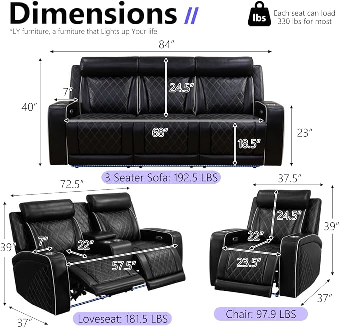 Power Recliner Sofa Set, Breathing Leather Reclining Couch Set, Home Theater - Image 2