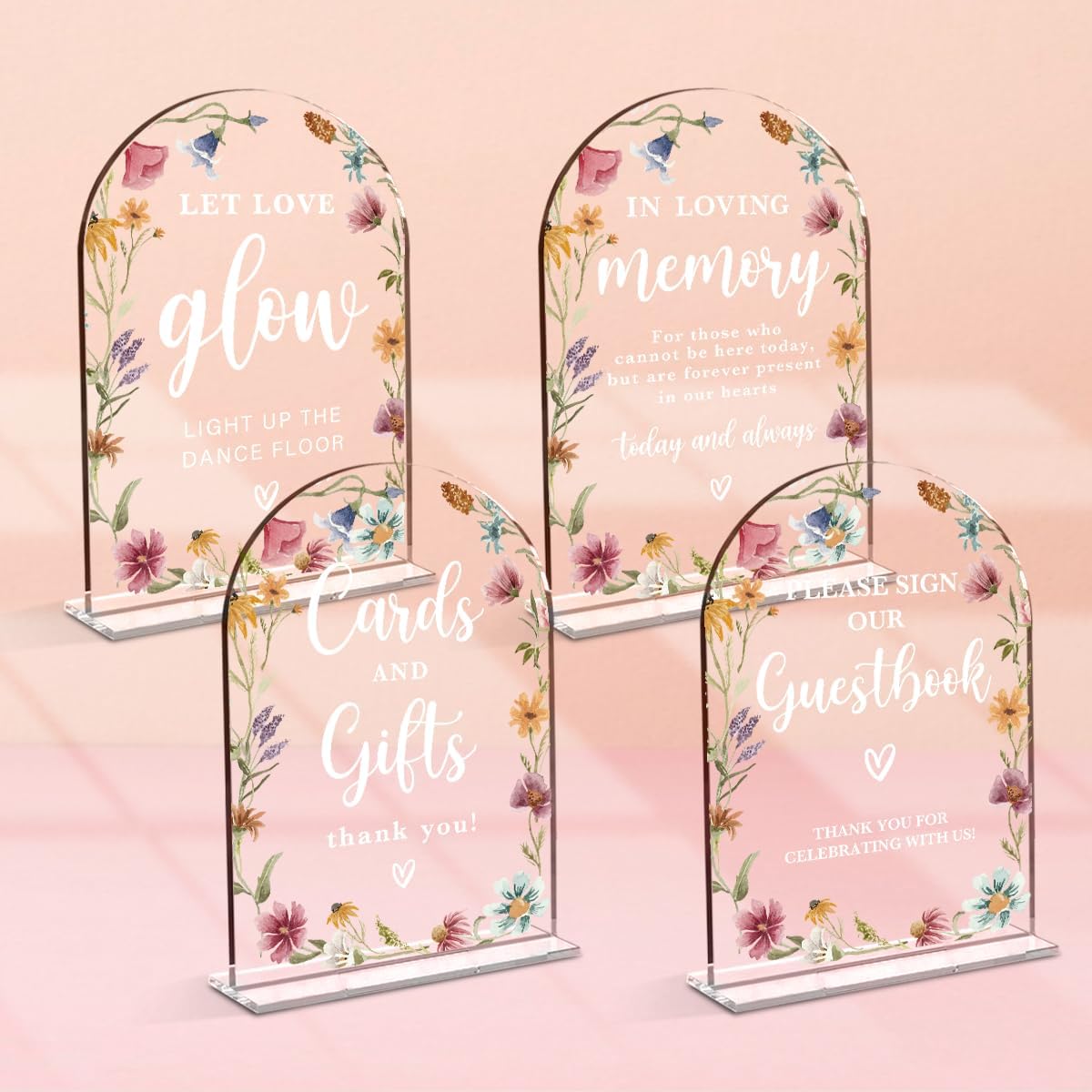 4 Pcs Acrylic Wedding Signs for Reception, Bridal Shower Decorations, Cards and Gifts Signs, Guest Book Sign, Arch Acrylic Table Top Sign with Holder for Wedding Reception (Clear Wildflowers)