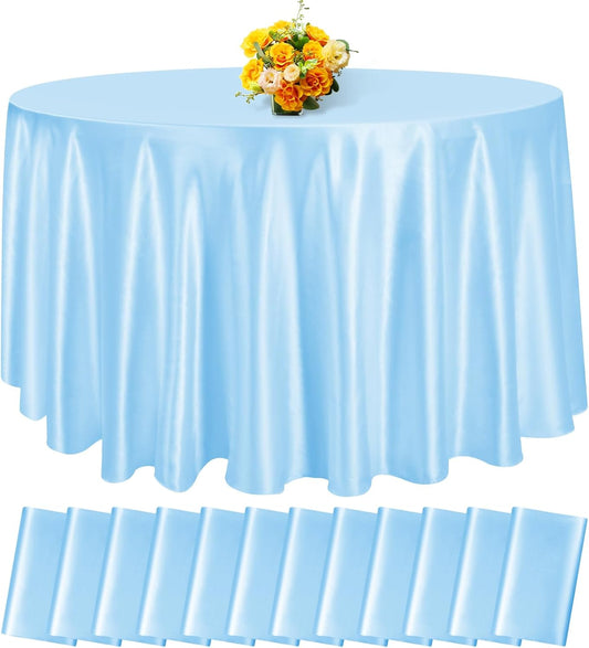 fani 12 Pack 120 Inch Light Blue Satin Tablecloth - Silky Round Tablecloth Overlay Smooth Fabric Table Cover, Bright Table Decoration for Wedding Party Banquet Events Restaurant Kitchen Dining