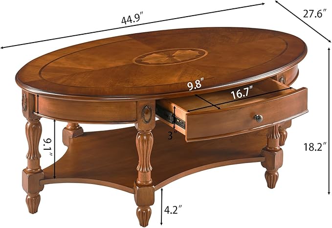 Traditional Solid Wood Oval Coffee Table, 45” x 18” Center Table - Image 3