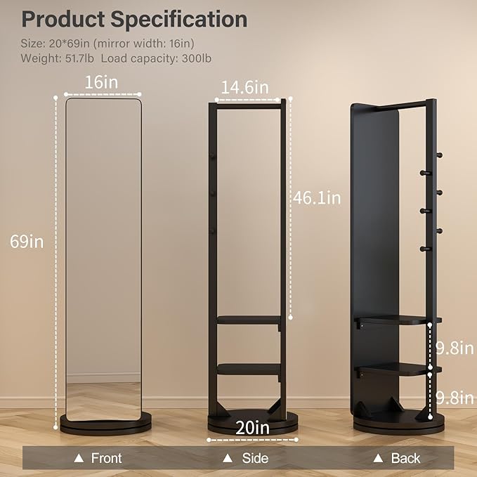 WoodsWhisper Full Length Mirror Coat Rack Solid Wood Floor Mirror 70"x16" Full - Image 2