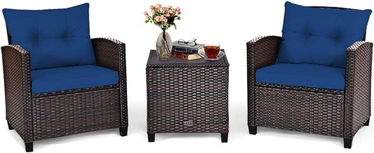 COSTWAY 3PCS Patio Furniture Set, PE Rattan Wicker Sofa w/Washable Cushion and by COSTWAY