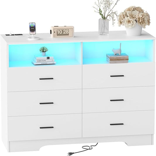 FJTJBSI Dresser with Power Outlets and LED Lights Wooden 6 Drawer Dresser with by FJTJBSI