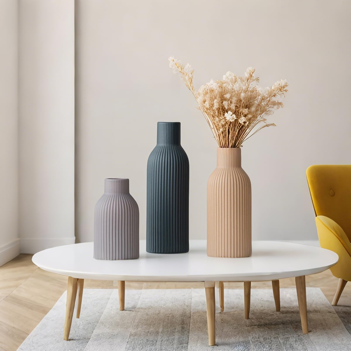 Modern Ceramic Vases Set of 3, Black Ribbed Decorative Vases, Shelf Table Centerpiece for Home Decor (Black Mix)