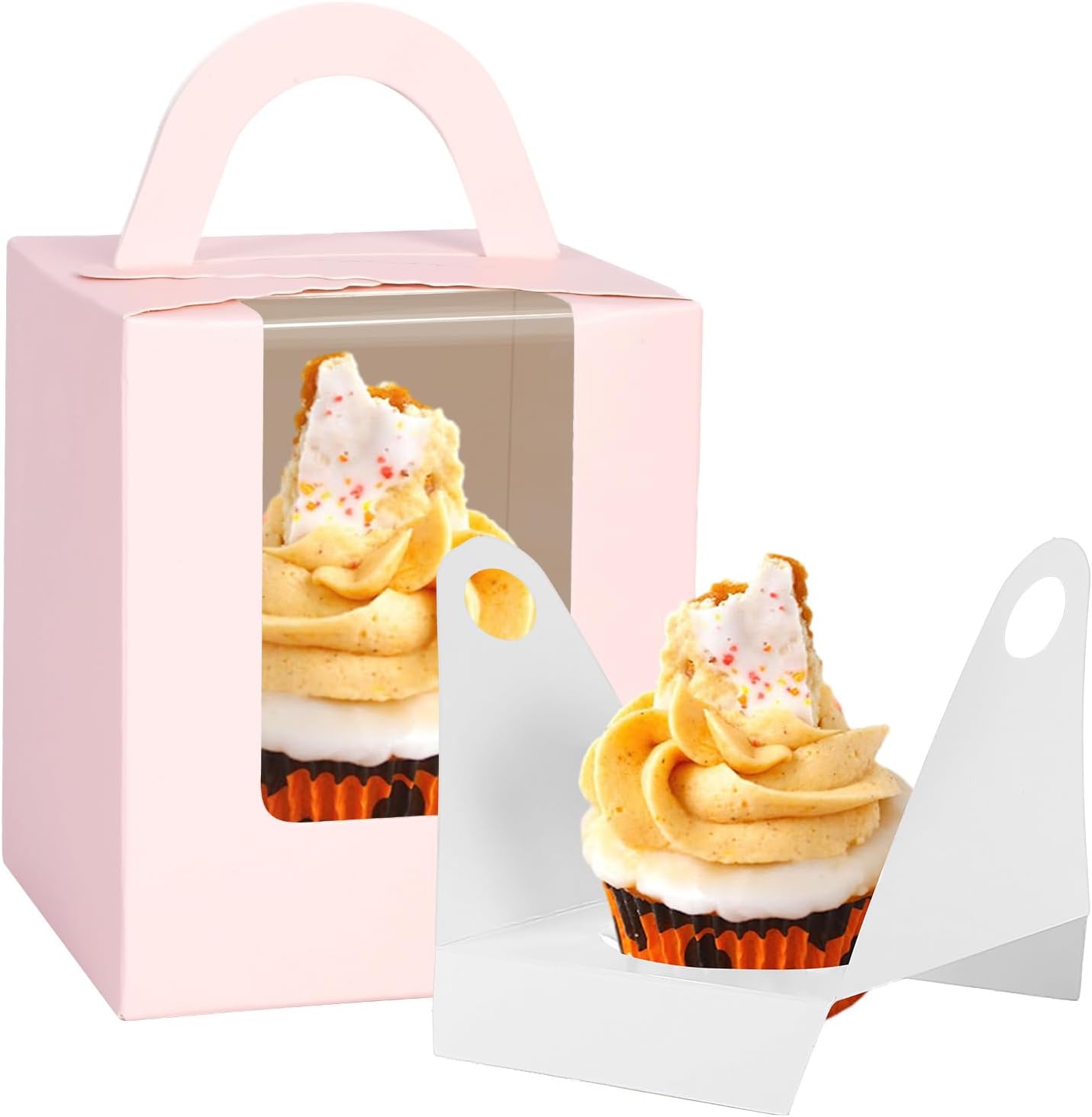 JCD Pink 70packs Cupcakes Containers with Insert Window and Handle,single Cupcake Holders box, Portable Cupcake Carriers for Bakery Wedding Party Favor(Pink/70Pcs)