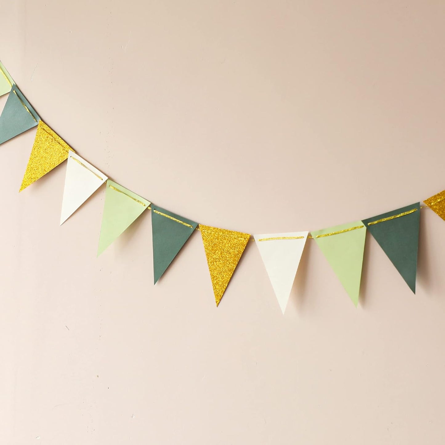 Fonder Mols Paper Pennant Party Decorations Large Gold Green(10 Feet), Triangle Flags Bunting, Paper Triangle Garland for Greenery Baby Shower Wedding Nursery Classroom Birthday Party
