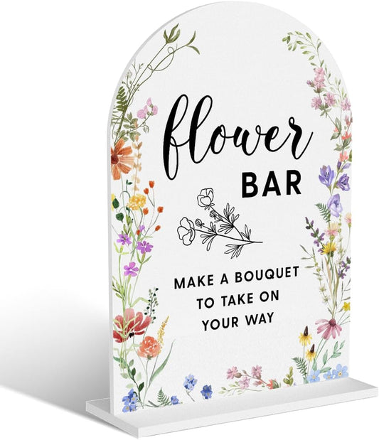 Acrylic Wedding Signs, Flower Bar Signs for Marriage Reception, Flower Bar Desk Decor, Modern Arched Round Top Acrylic Table Top Sign with Holder for Wedding Reception Party (White Wildflowers)