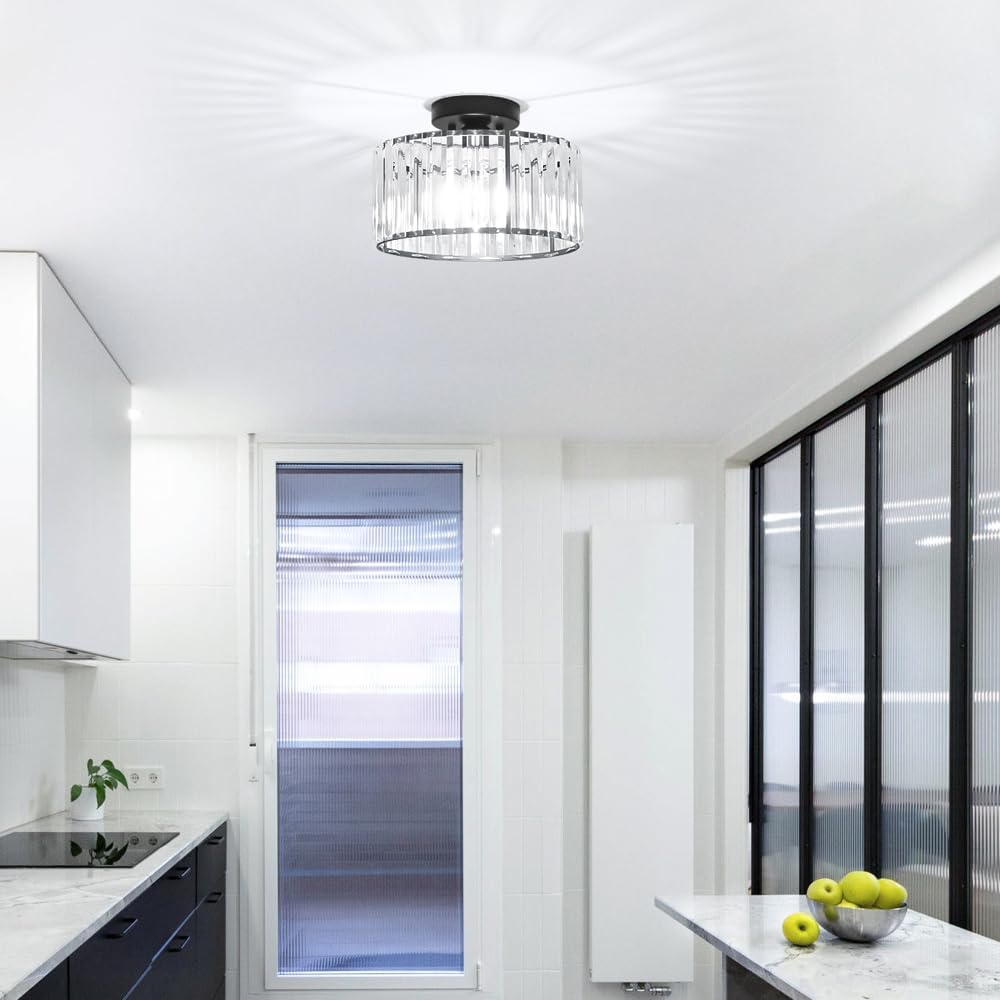 Crystal Ceiling Light Fixture, Modern Semi Flush Mount Ceiling Light, Black Close To Ceiling Light Fixtures, Crystal Chandelier Entryway Light, 11in Chandelier for Bedroom Porch Kitchen Living Room