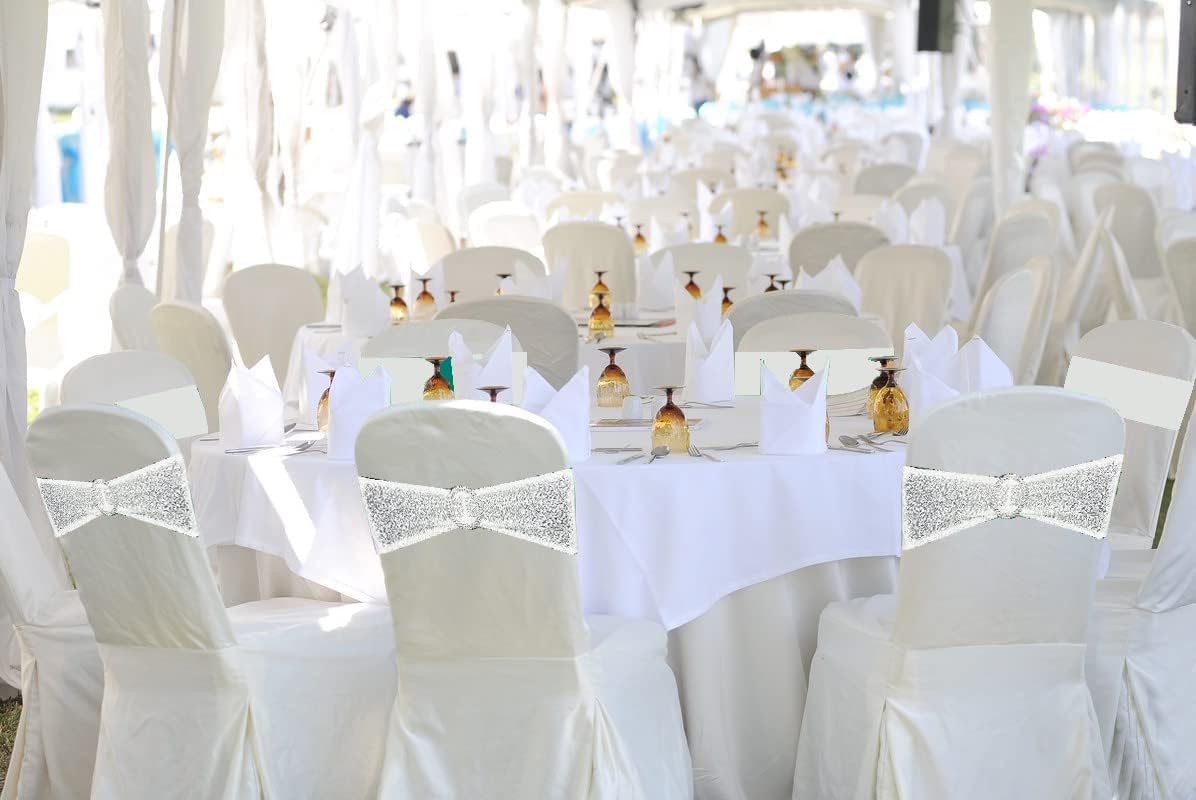25 Pcs Sequin Chair Sashes Stretch Chair Bands Spandex Polyester Bows for Party Hotel Wedding Banquets Decoration - White