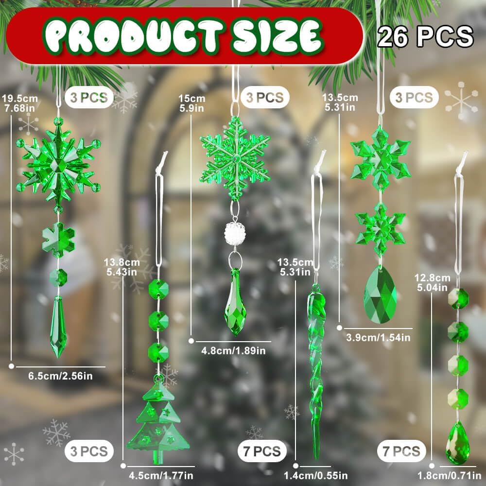 Lanpn 26 Pcs Christmas Ornaments Crystal Christmas Tree Decoration, Hanging Clear Acrylic Snowflake Icicle Drop Pendants for Xmas Winter Outdoor Indoor Party Decoration Green