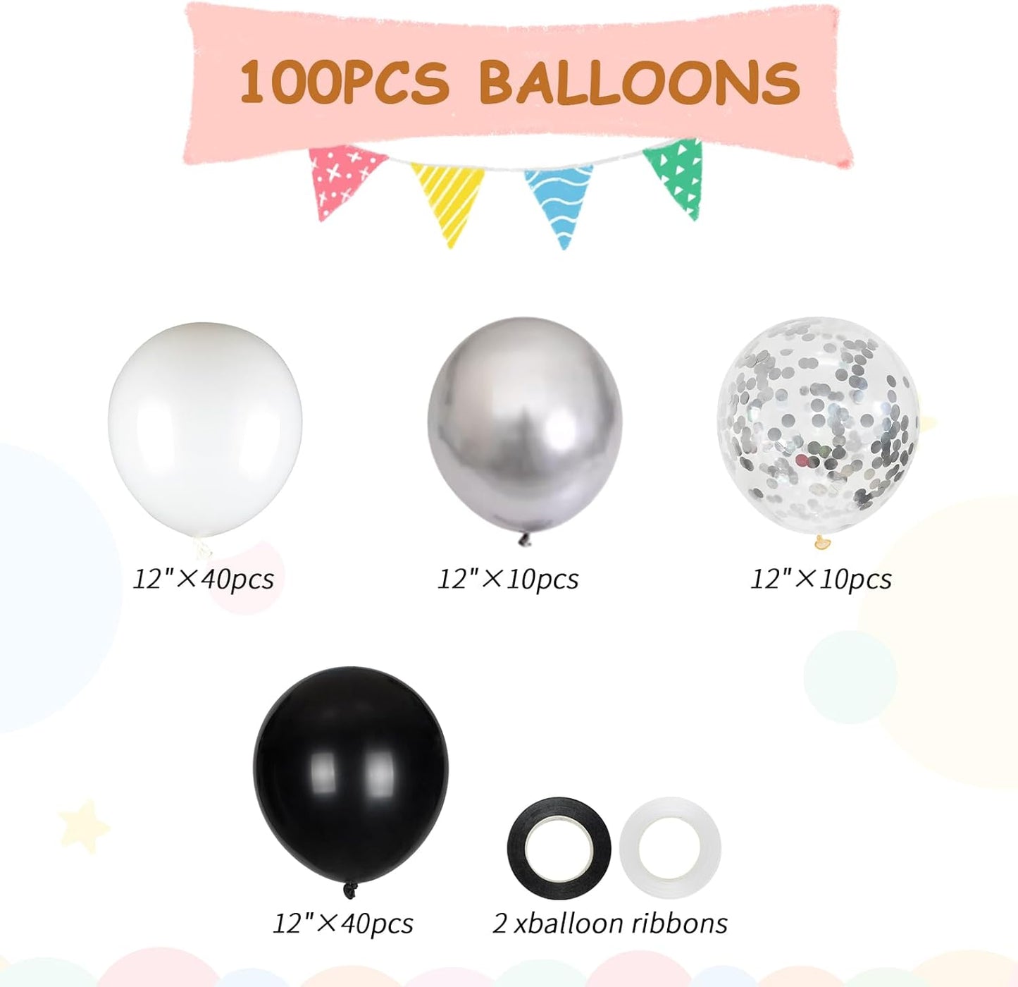 100pcs Black White Silver Balloon Kit - 12 Inch Metallic Silver Black White Confetti Balloons for New Year Eve Party Anniversary Birthday Graduation Decorations (66ft Ribbons)