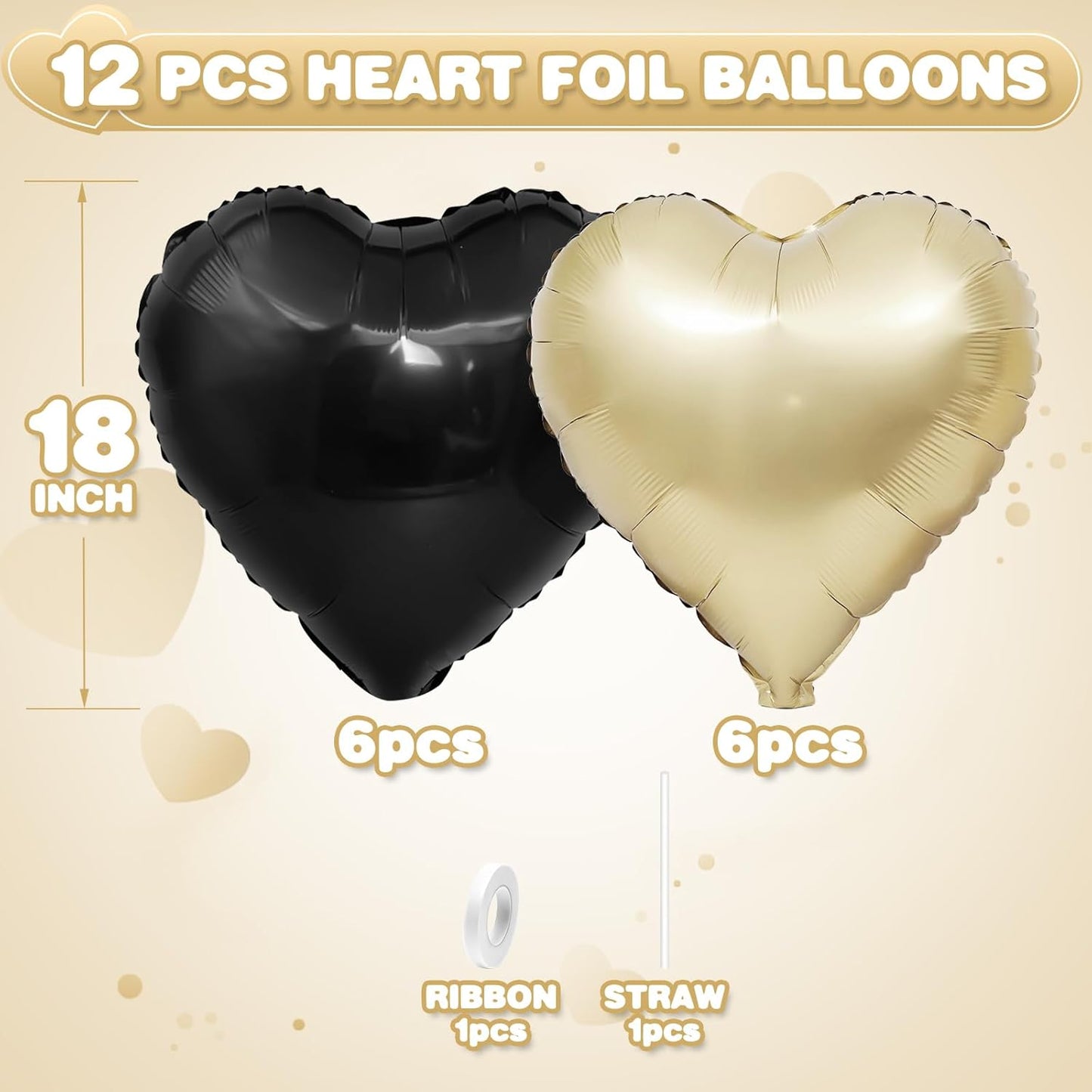 Black Gold Heart Balloons,12Pcs 18Inch Black Champagne Gold Heart Shaped Foil Helium Balloons for Baby Shower Birthday Anniversary Wedding Engagement Party Decorations