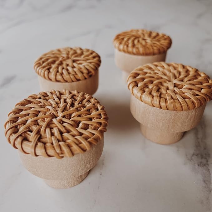 6pc Boho Rattan Knobs for Dresser, Cabinet; Handmade Boho Wicker Woven - Image 4