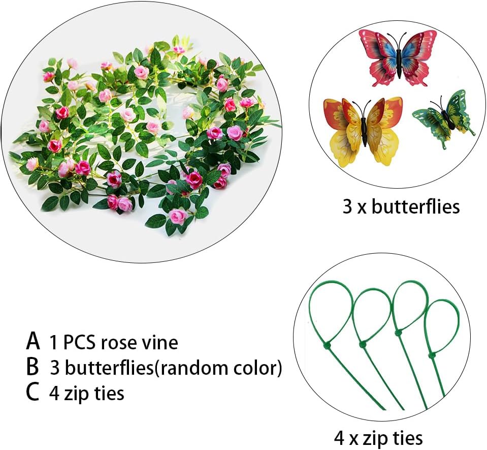 6FT Bendable Rose Vine with Butterflies, Wildflower Garland Hanging Floral Garland for Wall Decor Trellis Fence Home Room Decoration (Pink, 1pc)