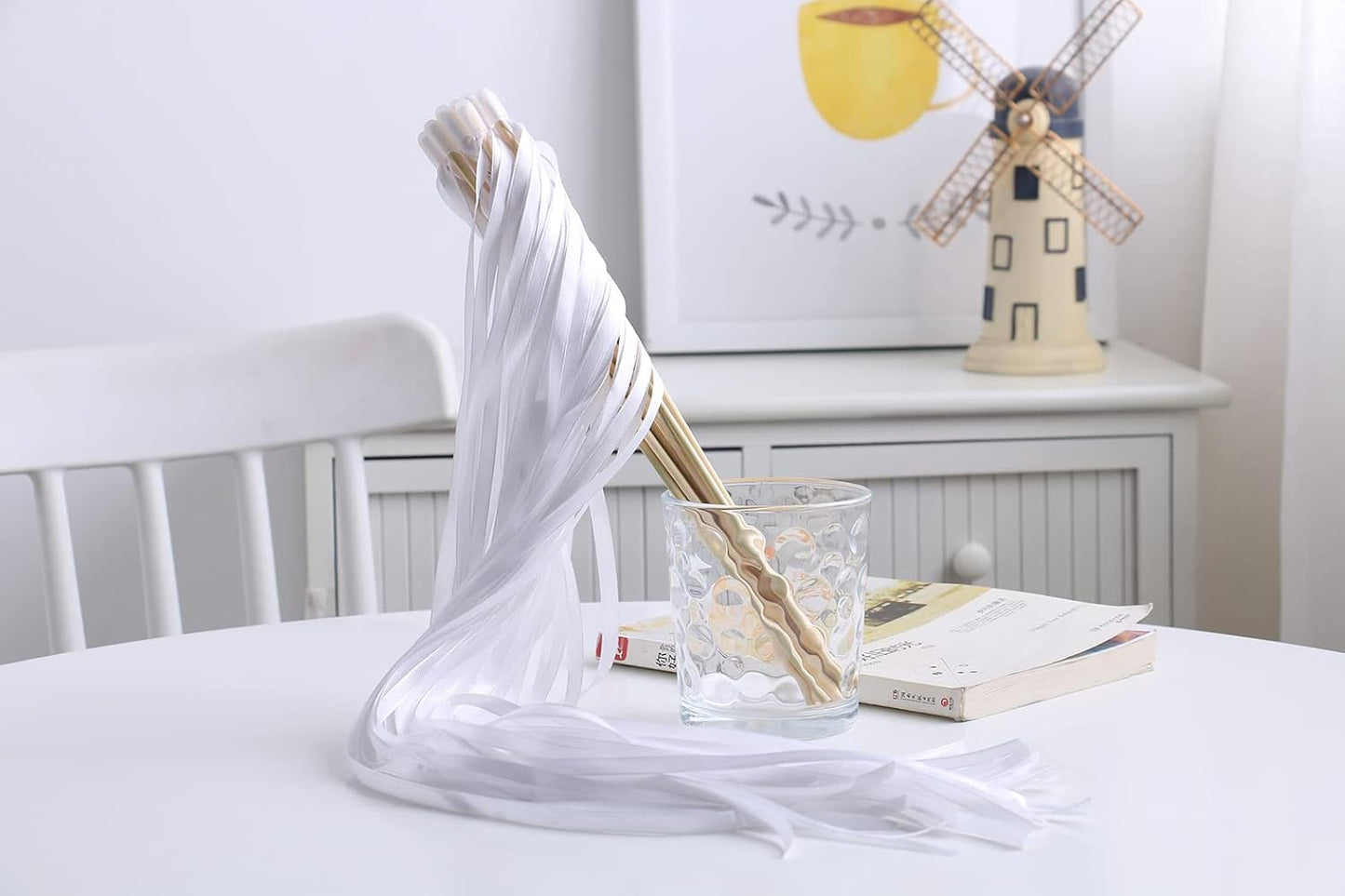 100PCS Ribbon Stick Wands Wedding Streamers with Silk Fairy Stick Wand for Wedding Party Baby Shower Send Off Party Activities Holiday Celebration Favors (White-100PCS)