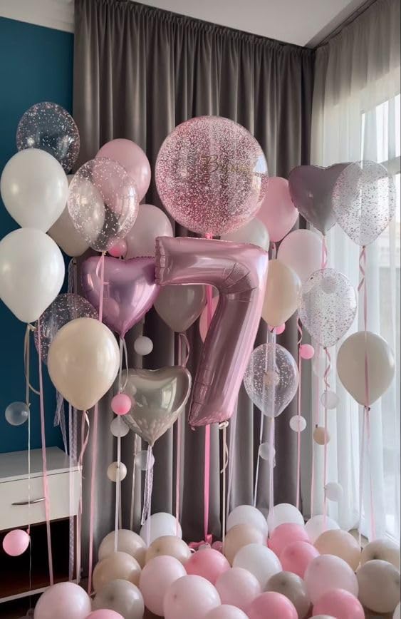 Light Pink Number 7 Balloon 40 Inch Big Self Inflating Foil Number Balloons 0-9, Pastel Pink Digital 7 Helium Balloon for 7th 17th 27th Girls Birthday Party Graduation Anniversary Decoration