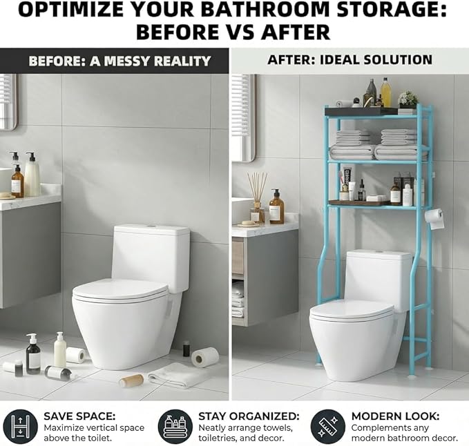 GloTika 3-Tier Over Toilet Storage - 150lb Total Capacity Metal Bathroom - Image 7