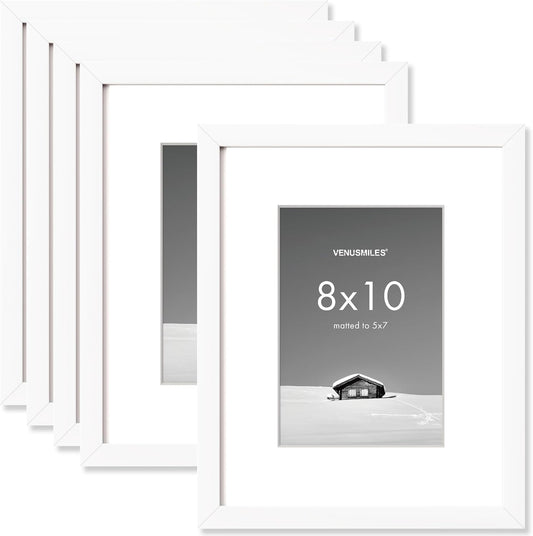 8x10 inch Picture Frame, 8x10 Photo Frames with 5x7 Removable Mat - High Definition Plexiglass - Vertical and Horizontal Display - Wall Hanging Frame - White, 5 Pack