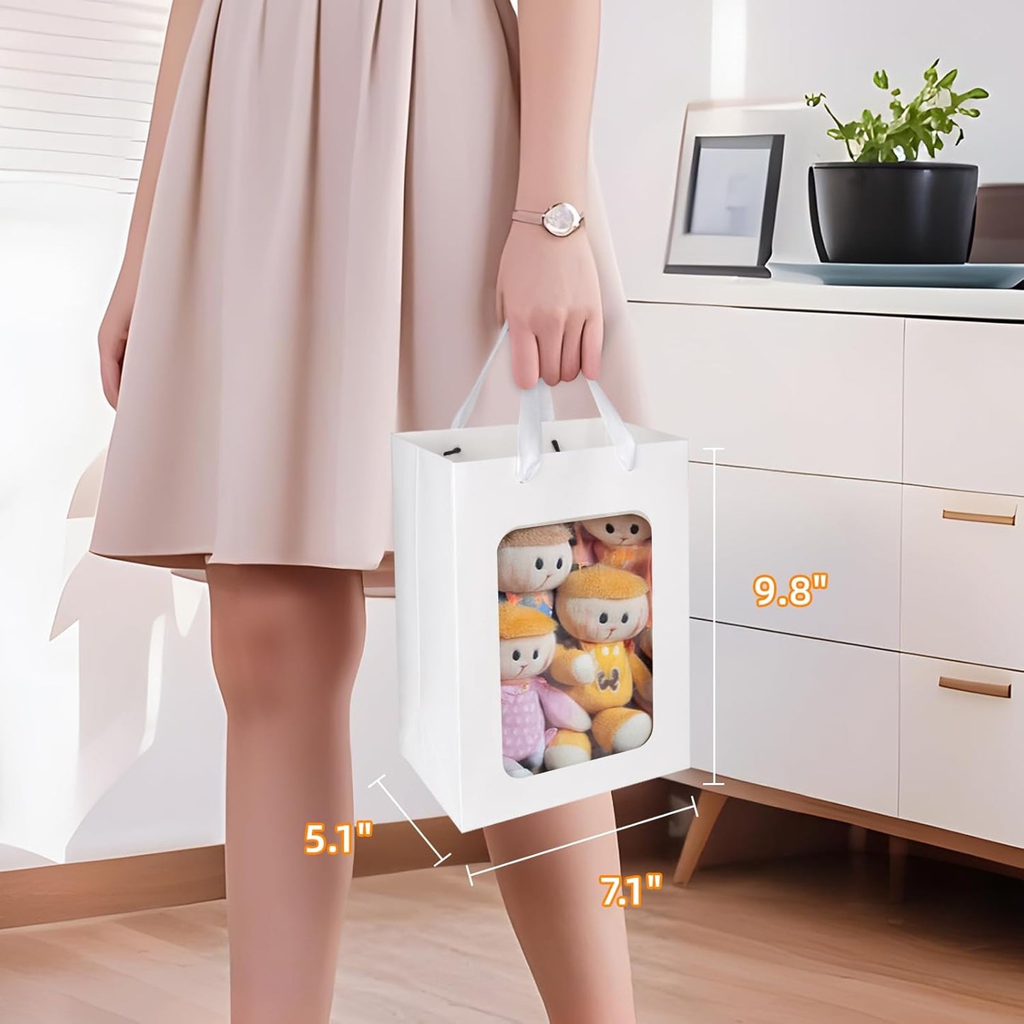 MOXARYSU 12 Pcs White Gift Bags with Clear Window: 9.8x5.1x7.1 Inch Medium Kraft Paper Bags with Handle For Party Business Birthday Wedding (White,12p)