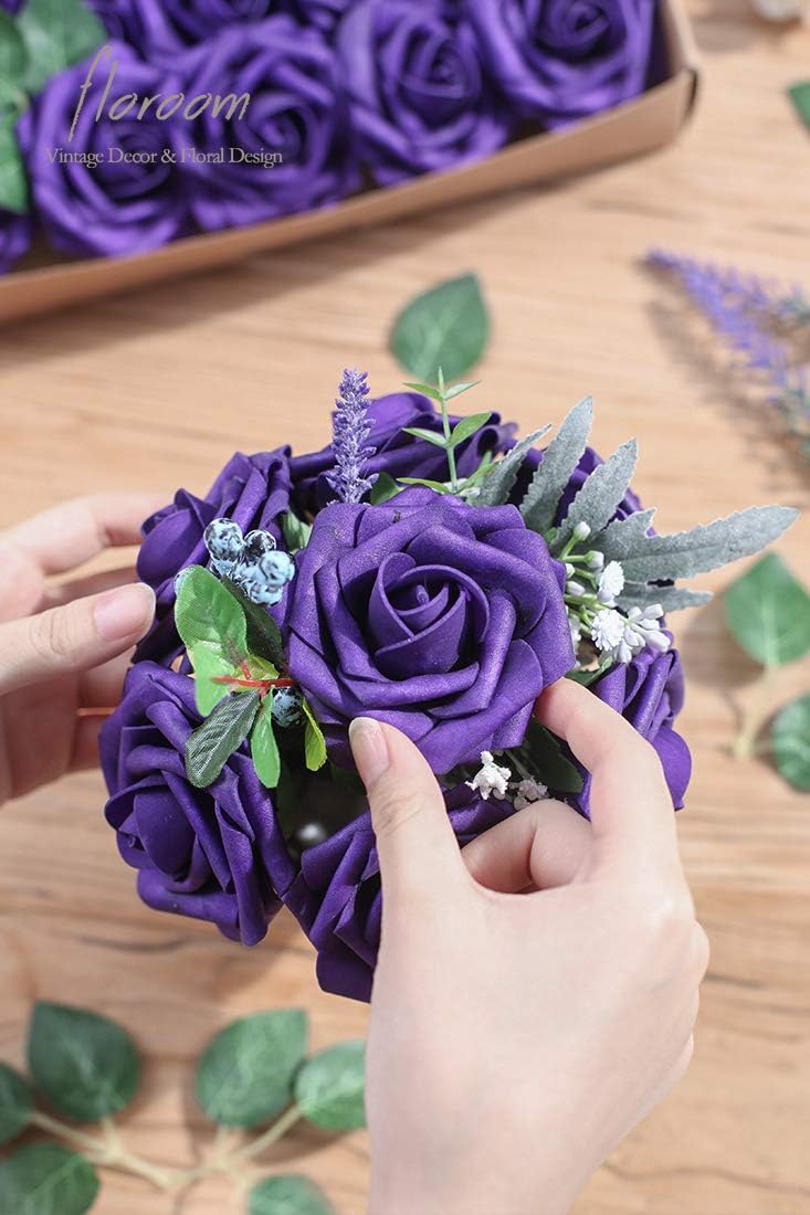Floroom Artificial Flowers 50pcs Real Looking Dark Purple Foam Fake Roses with Stems for DIY Wedding Bouquets Bridal Shower Centerpieces Floral Arrangements Party Tables Home Decorations
