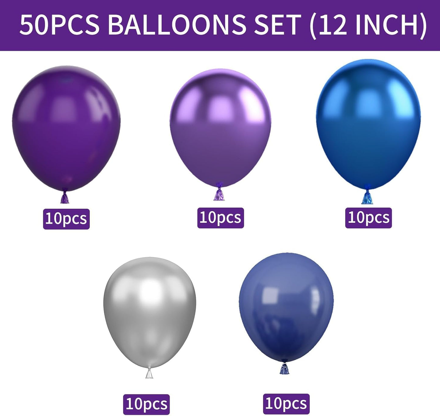 Purple and Blue Balloon Set, 50 PCS 10 Inch Space Theme Party Supplies, Navy Blue Purple Silver Helium for Birthday Baby Shower