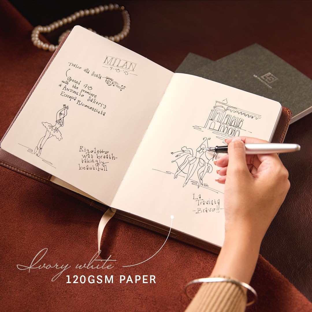 Luxury Leather Refillable Journal/Writing Notebook for Men & Women, Reusable Full-grain Leather Cover, 120gsm Thick Paper, Blank, Dotted, Lined Refills