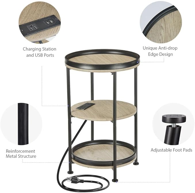Dulcii Round Side Table with Charging Station, End Table with 3 Shelves - Image 9
