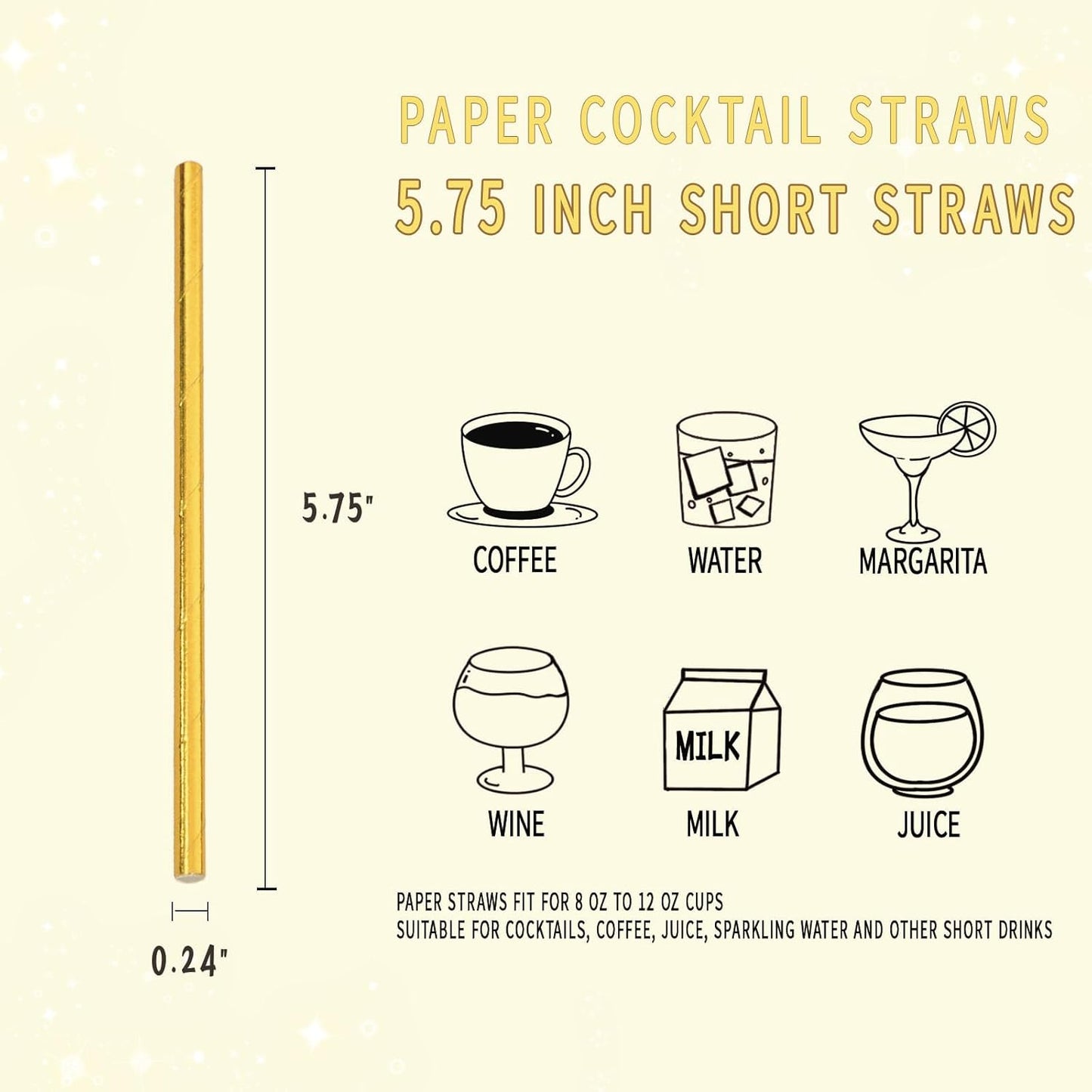 5.75 Inch Short Cocktail Gold Straws, Compostable Coffee Stirrers Straws, Paper Drinking Straws for Parties, Baby Showers, Wedding, Bridal Showers
