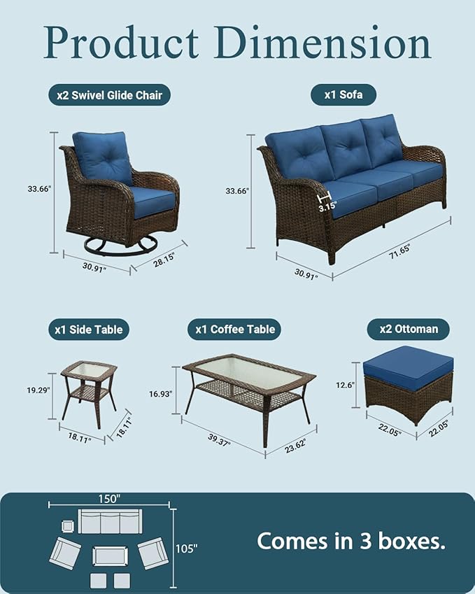 Patio Furniture Set, High Back Rattan Sofa & Swivel Rocker Chairs, Weather - Image 6