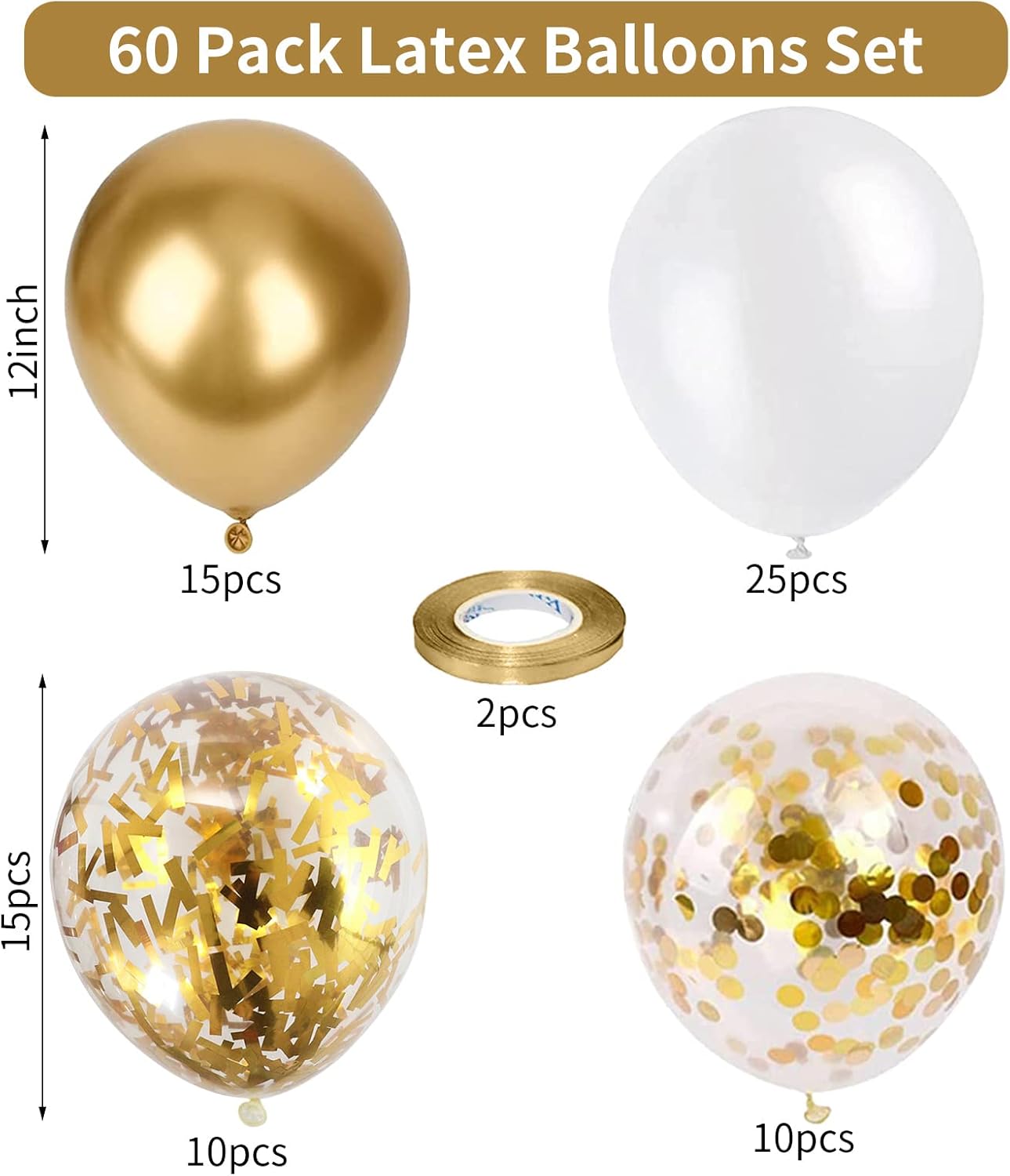 Balloons White and Gold, 60 Packs 12 Inch Metallic Gold Balloons Pearl White Latex Balloon Gold Confetti Balloon for Birthday Parties, Weddings, Anniversaries, Baby Shower Party Decorations
