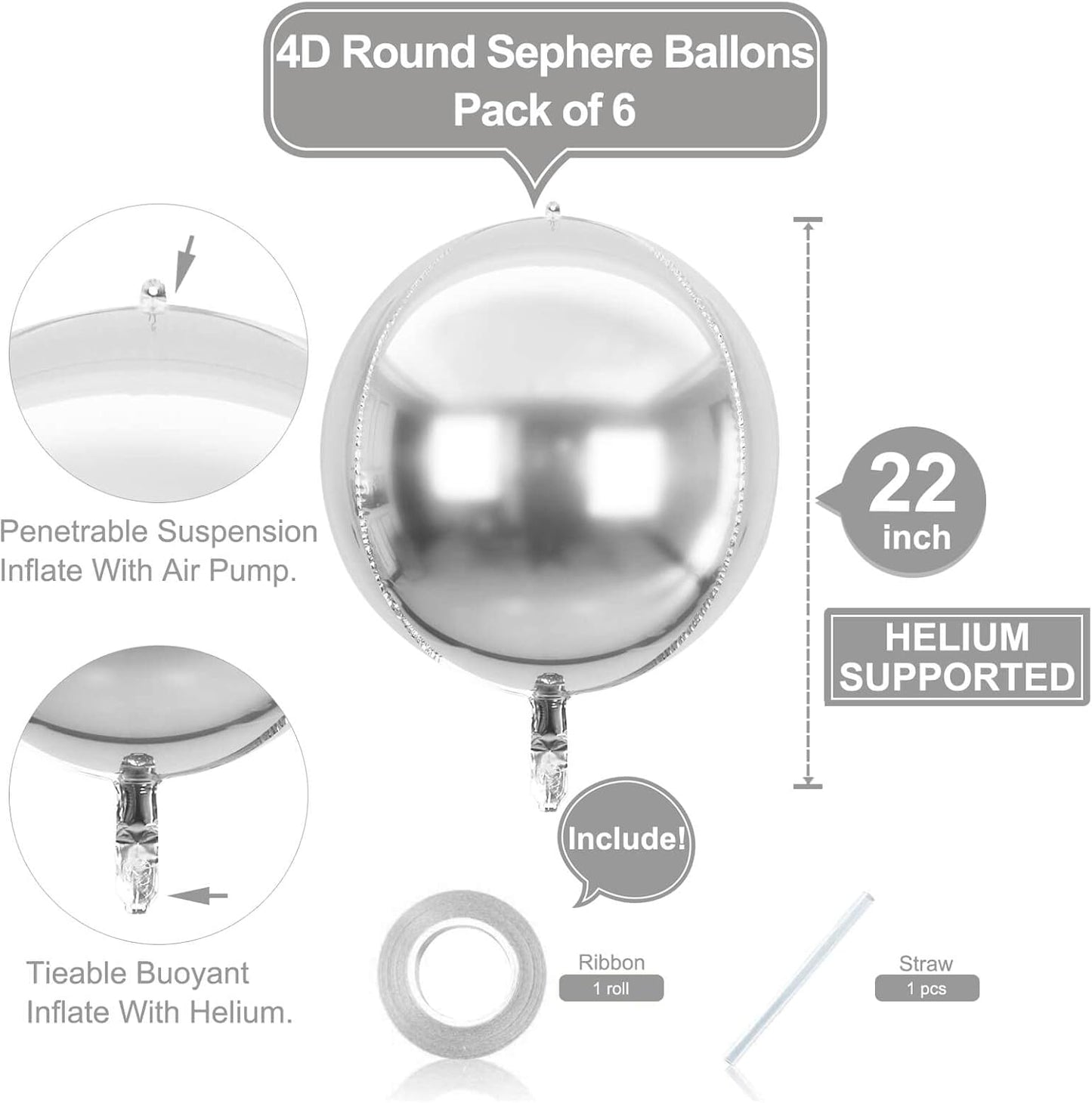 6 Pack Silver 22 Inch 4D Foil Balloons Big 360 Degree Round Sephere Mylar Balloons Mirror Finish Metallic Balloons for Wedding,Birthday,Bachelorette,Baby Shower Decorations Party Supplies