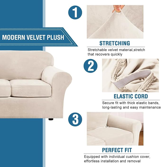 H.VERSAILTEX High Stretch Sofa Slipcover 4 Piece Cover Velvet Furniture - Image 3