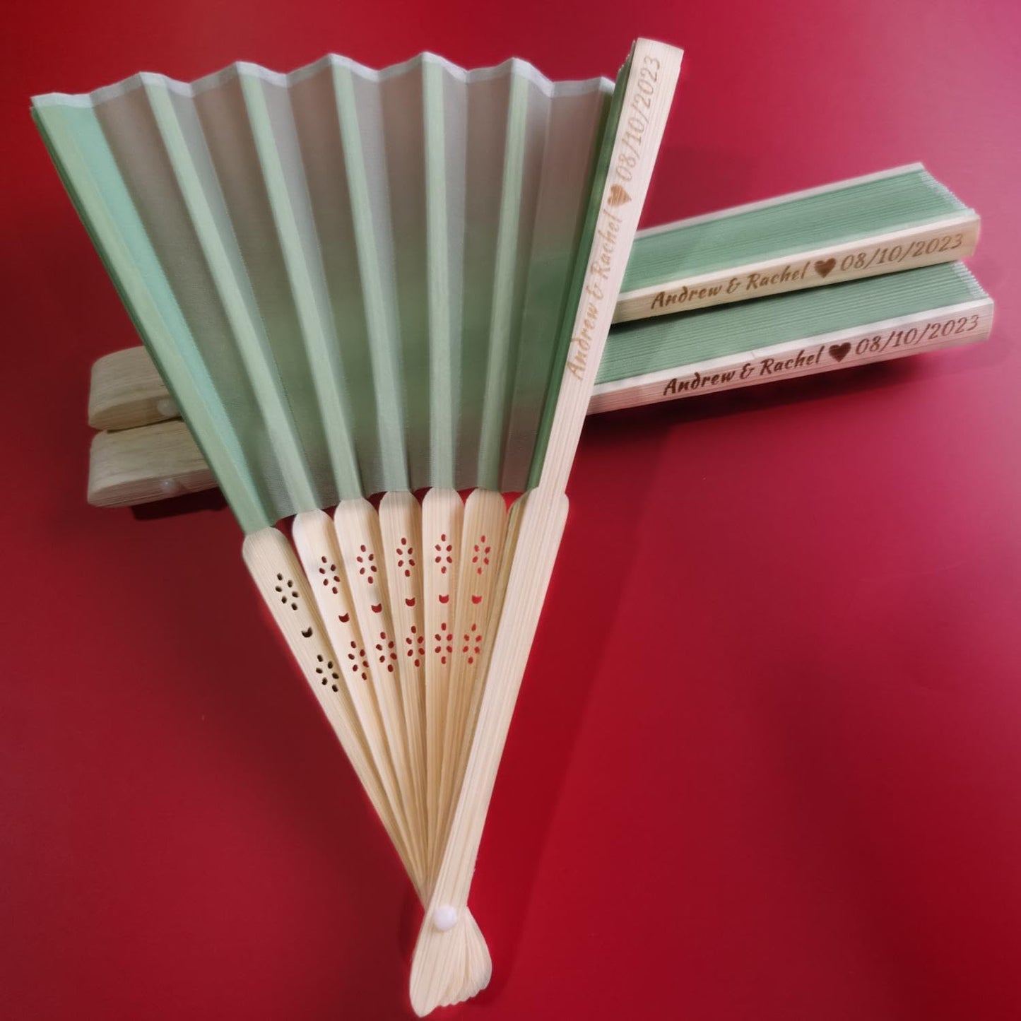 Personalized Wedding Fans Handheld Folding Fans (15Pcs) - Custom Engraved Green Silk Fans for Bridal Shower Favor/Baby Shower Favor, Birthdays Party Gifts/Gifts for Party Guests