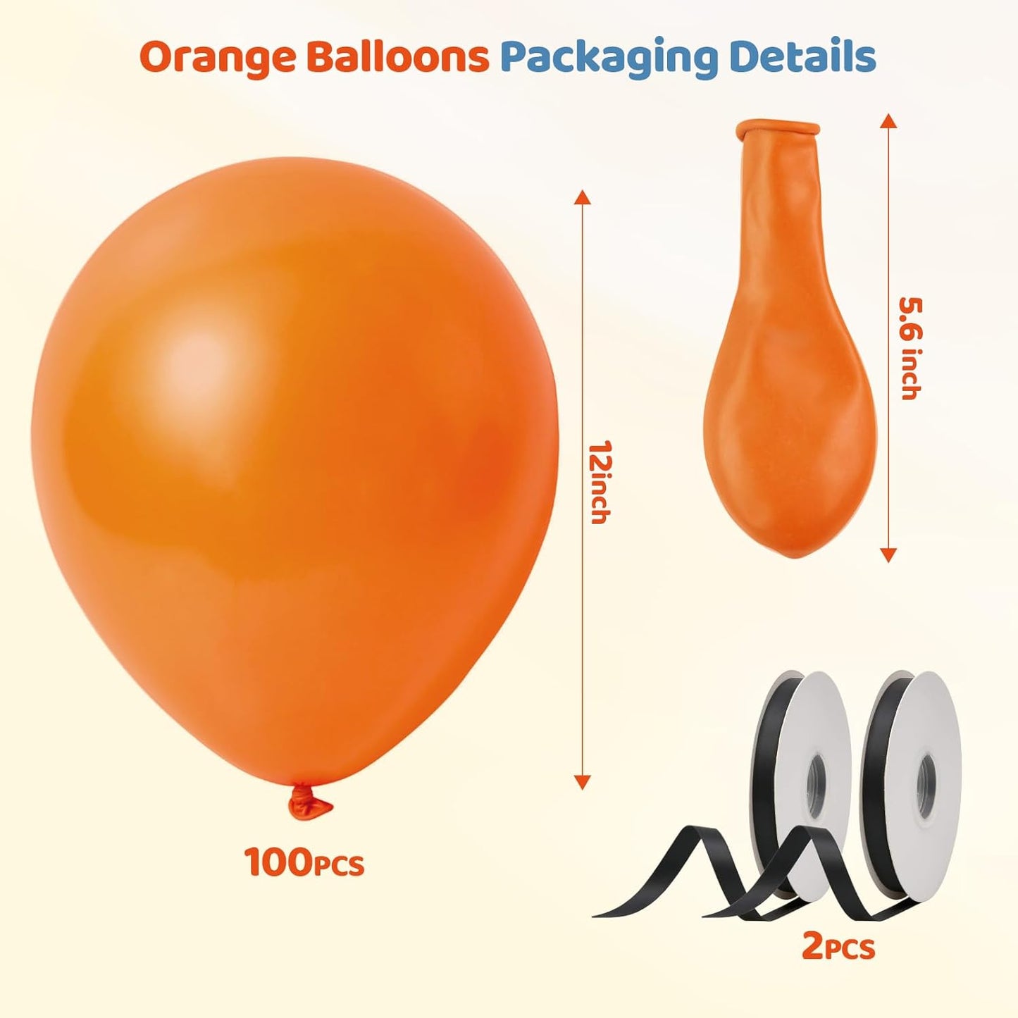 Orange Balloons, Latex Party Balloons with Ribbons, 100 Pack 12 inch Orange Round Helium Balloons for Autumn Wedding, Graduation,Birthday,Halloween Party Decorations and Spooky Party