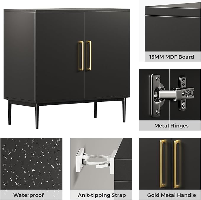 Storage Cabinet with Doors, Modern Black Accent Cabinet, Free Standing Cabinet - Image 3