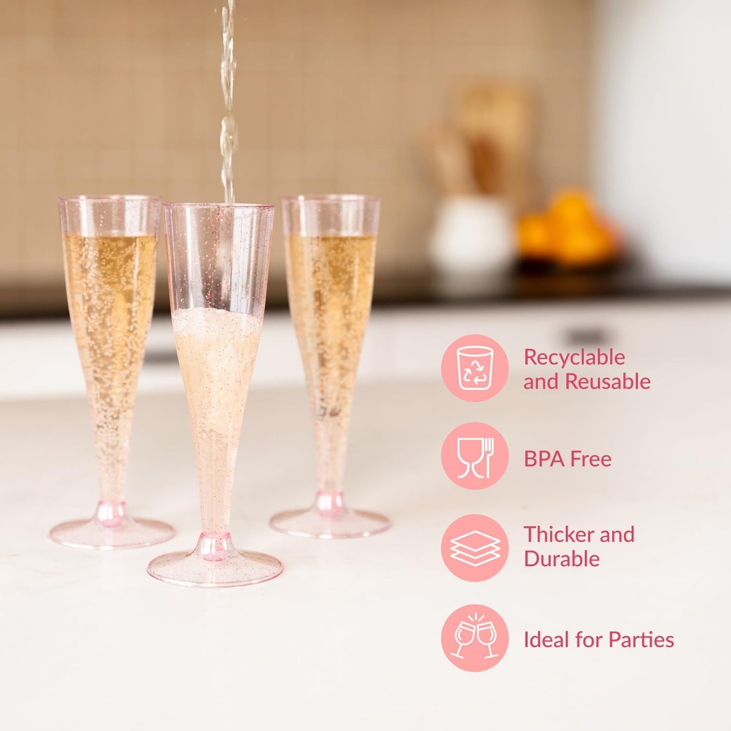 Prestee 24 Piece Plastic Champagne Flutes - 4.5 oz Plastic Wine Glasses with Rose Gold Glitter - Cocktail Glasses for Parties - Party Supplies for Mimosa Bar, Wedding, Shower Party and New Years Eve