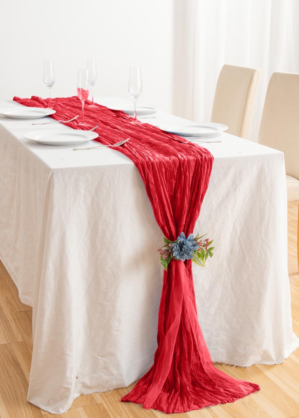 8 Pack 10Ft Red Cheesecloth Table Runner 35x120 inch Boho Gauze Cheese ClothsTable Runners Long Wrinkled Sheer Romantic Table Runner for Wedding Bridal Shower Birthday Party Table Decor