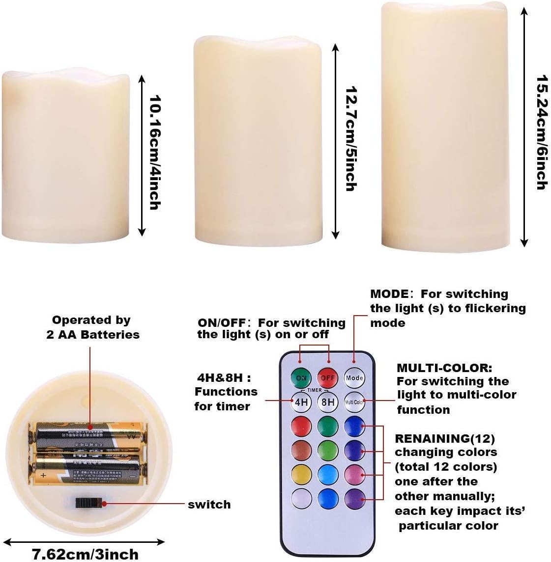 Enido Flameless Candles, Color Changing LED Candles(D: 3" x H: 4" 5" 6") Battery Operated Outdoor Waterpoof Candles Plastic Pack of 9 Flameless Pillar Candles