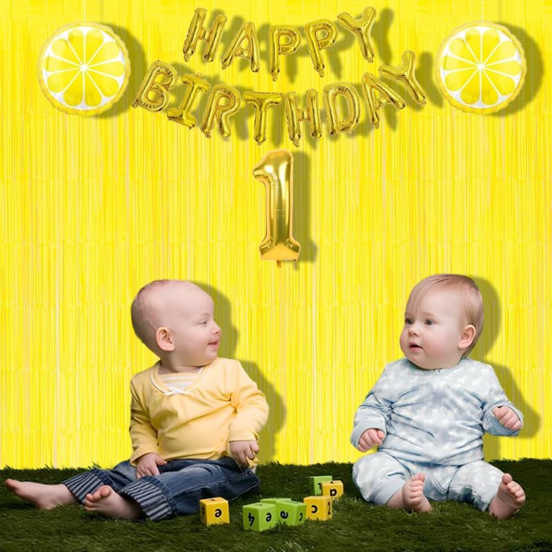 BRAVESHINE Foil Fringe Curtain Backdrop - 2 Pack Yellow Tinsel Photo Booth Backdrop Party Streamers for Easter, Birthdays, Christmas, Lemon, Pineapples, Kids' Party Decorations