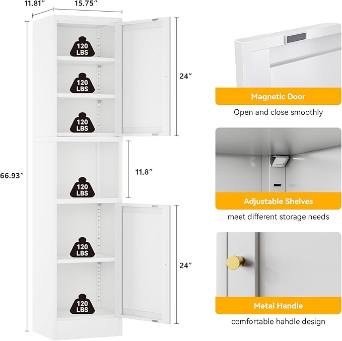YAUWOH 2-Door Metal Storage Cabinet, Tall Slim Pantry Organizer - Image 3