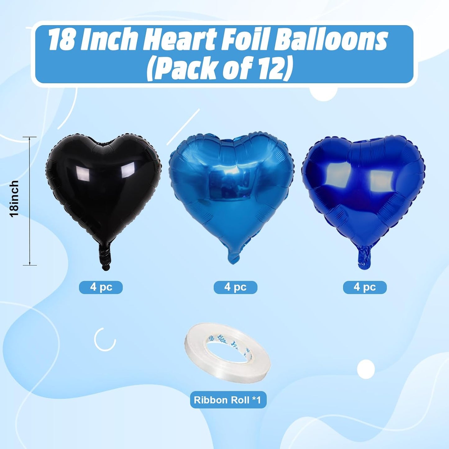 Blue Black Heart Balloons, 18 Inch Black and Dark Blue Heart Shape Balloon, 12PCS Blue Helium Foil Love Heart Balloon for Boys Birthday Propose Marriage Engagement Wedding Party Decoration