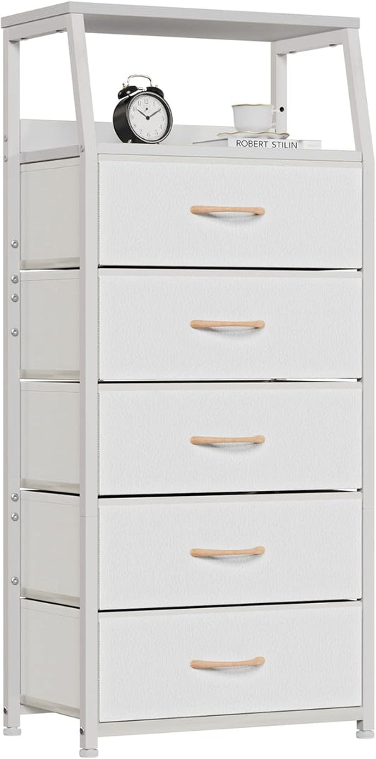 Furnulem White Dresser with 5 Drawers, Vertical Storage Tower Fabric Dresser by Furnulem
