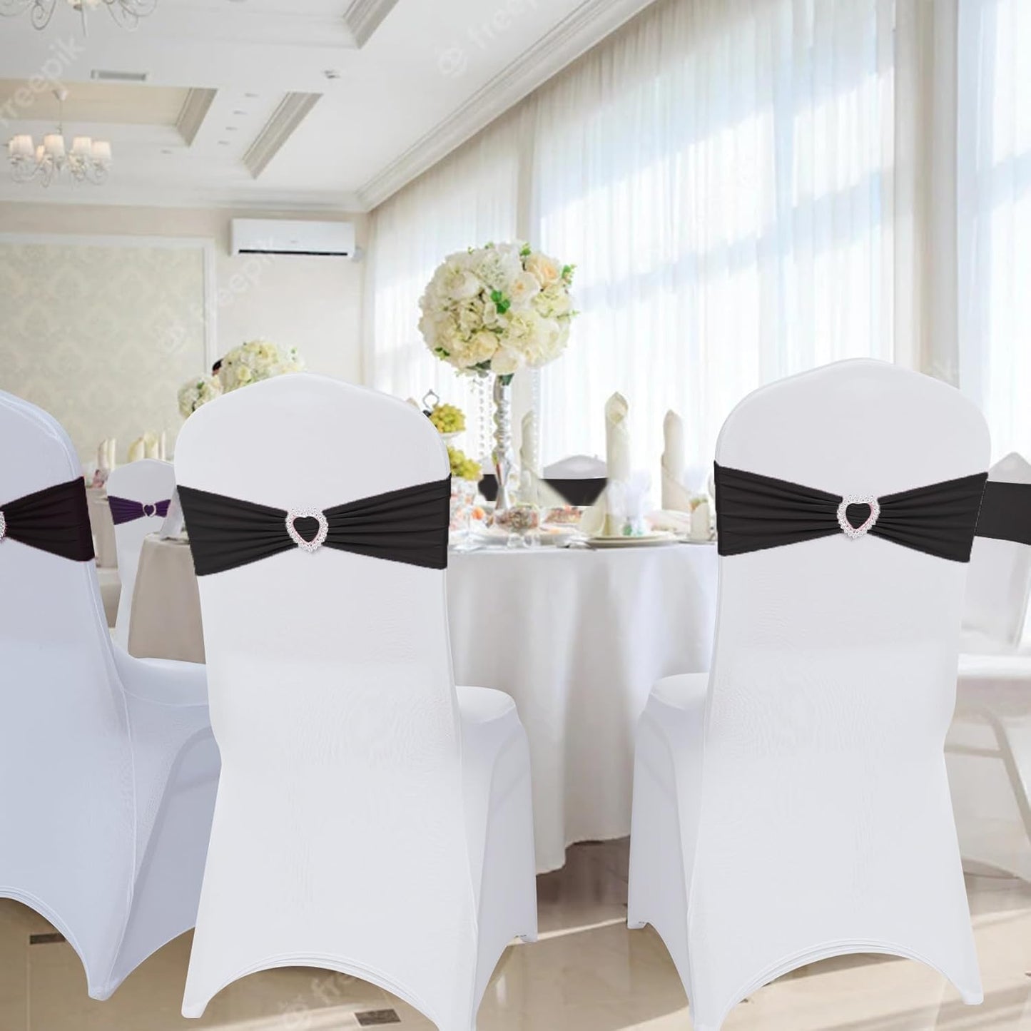 Howhic Pack of 30 Spandex Chair Sashes Bows Stretch Chair Cover Band with Buckle Slider Universal Elastic Chair Ties for Wedding Banquet Party Event Decoration (Black)