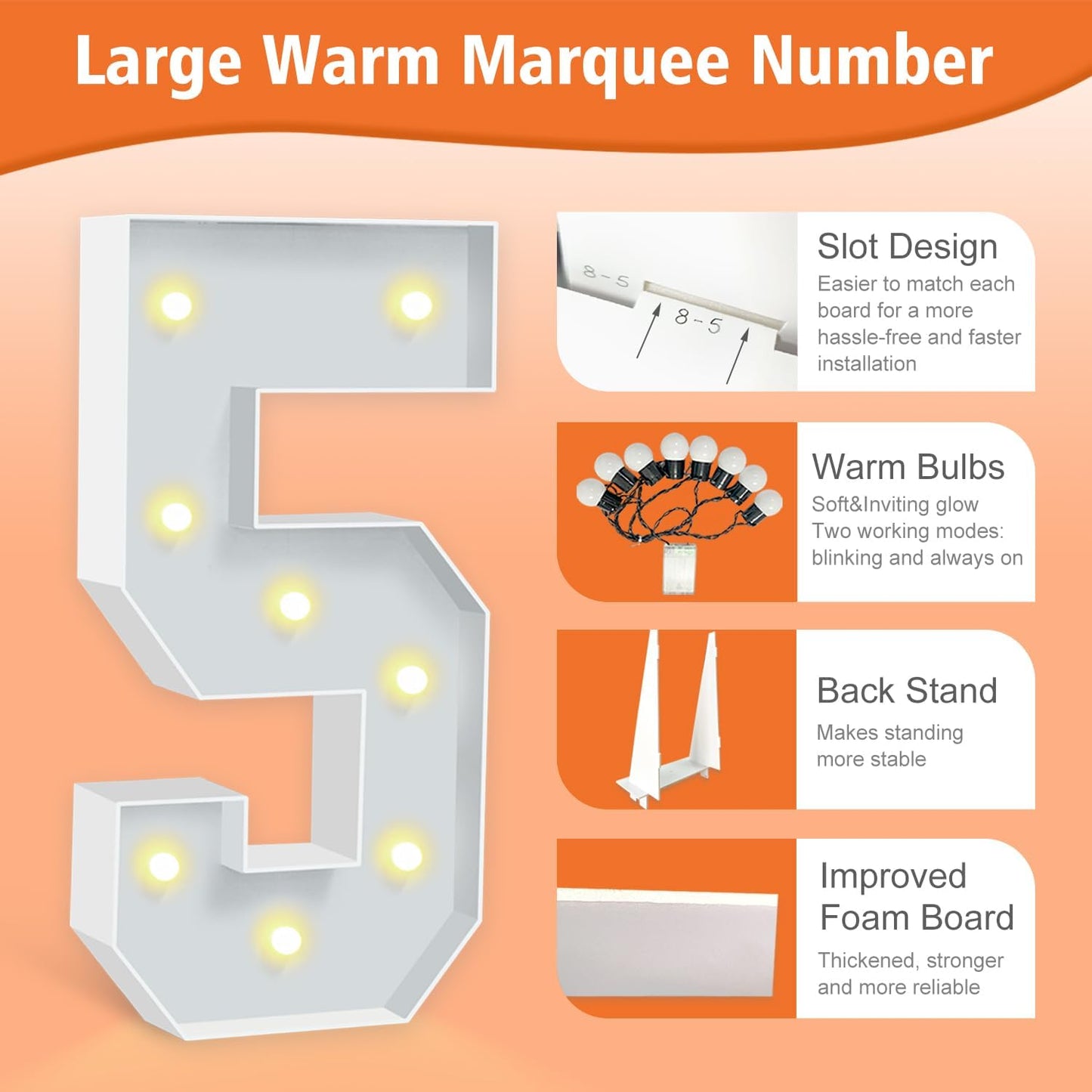 Marquee Light Up Numbers 5, Foam Board Mosaic Balloon Numbers with Light Bulbs, 3FT Marquee Sign for 5th 15th 50th Birthday/Wedding Decorations/Engagement Party Decor/Festival Party