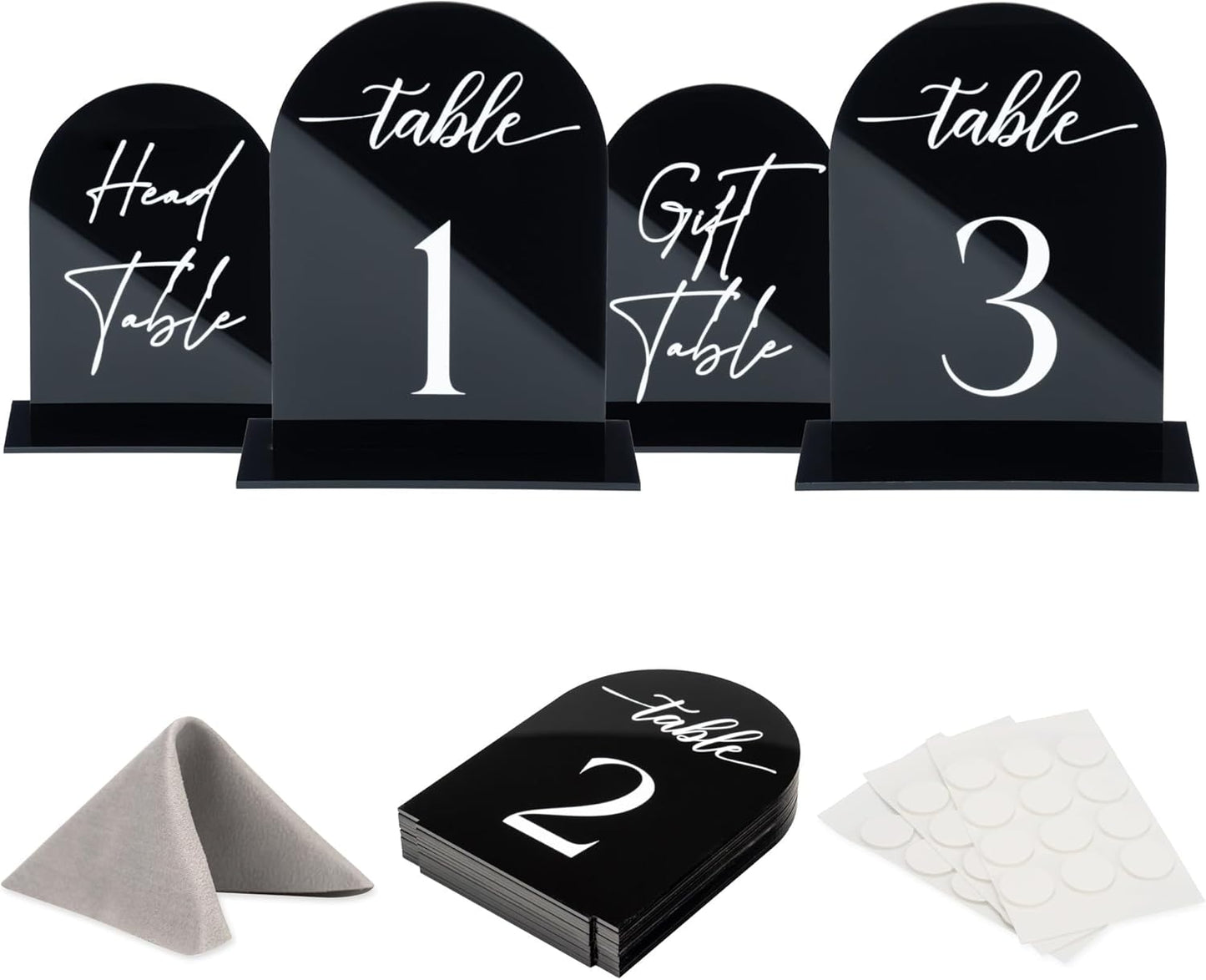 Black Arch Acrylic Table Numbers for Wedding Reception - 5" x 7" White Font Centerpiece Set with Holder Stands & Head Table Sign - Anniversary, Event, Party, Wedding Set 1-15