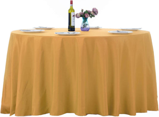 Ascoza 2pack 132 Inch Gold Round Tablecloth in Washable Polyester Fabric for Wedding/Banquet/Restaurant/Parties