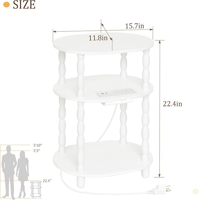 MaxSmeo White Side Table with Charging Station, 3-Tier Small Oval End Table - Image 3