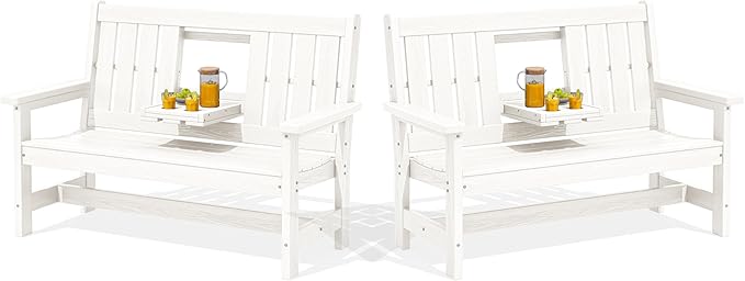 SERWALL Outdoor Bench with Cup Holder, Oversized 58" HDPE Porch Bench Suitable by SERWALL